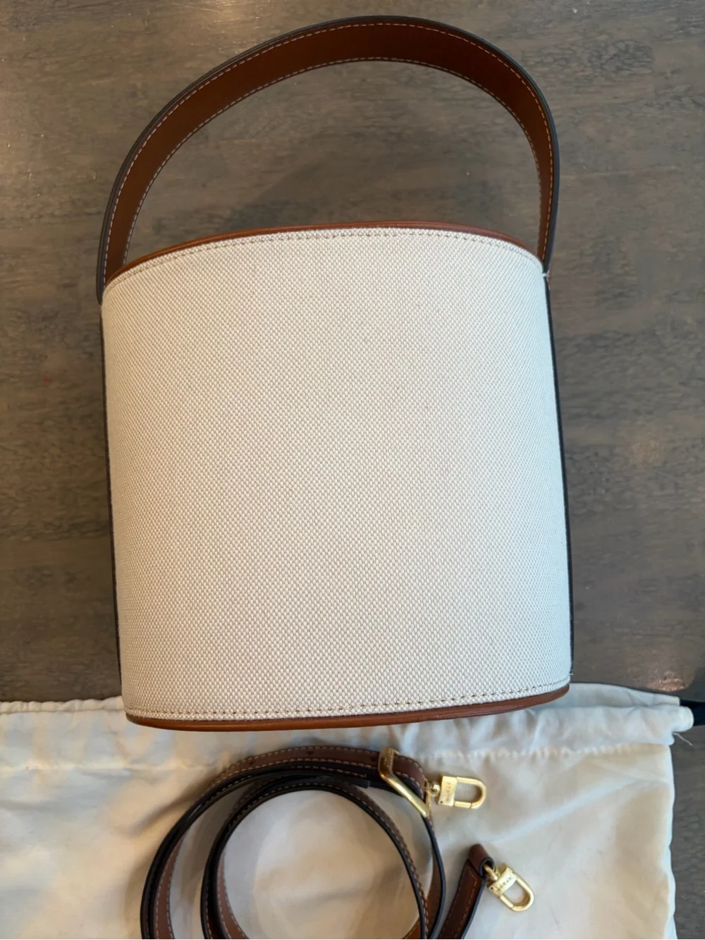 STAUD Bissett Leather-Trimmed Canvas Bucket Bag - Picture 3 of 9